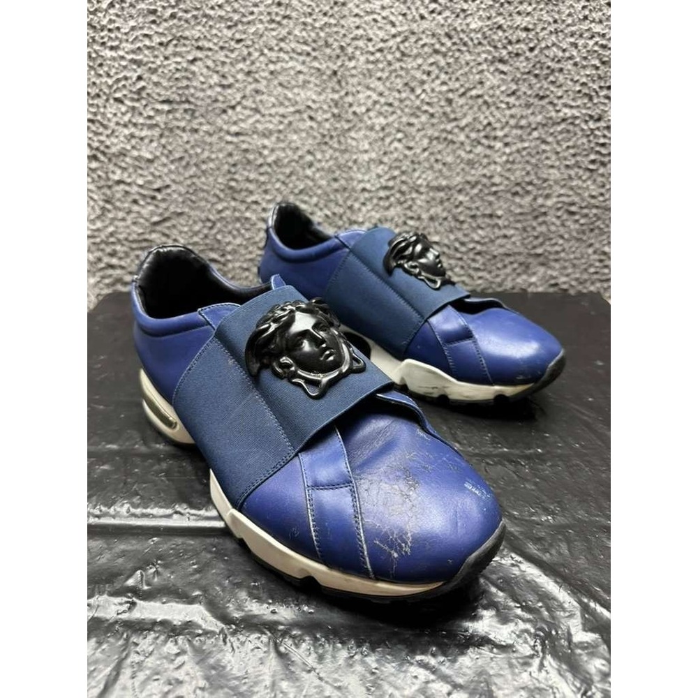 Versace Medusa Palazzo Leather Slip-On Racer Sneakers Blue Mens Size 45 EU